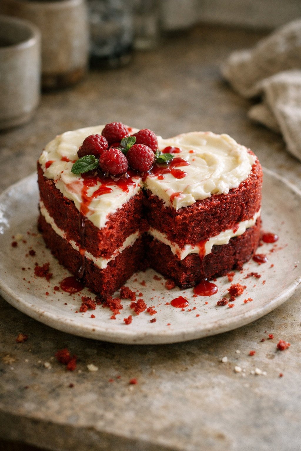 A heart-shaped red velvet cake on a worn wooden surface in a home kitchen, with crumbs and sauce drips visible around it.