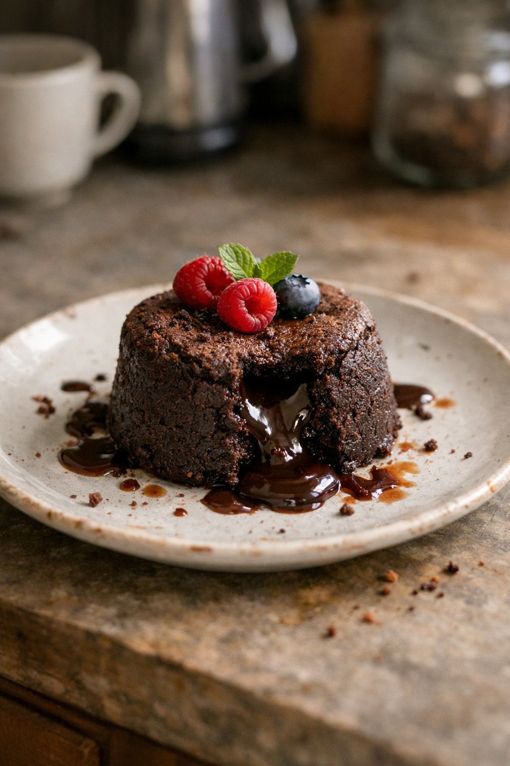 A chocolate lava cake on a plate sitting on a worn wooden surface in a home kitchen, with soft light coming from the side.