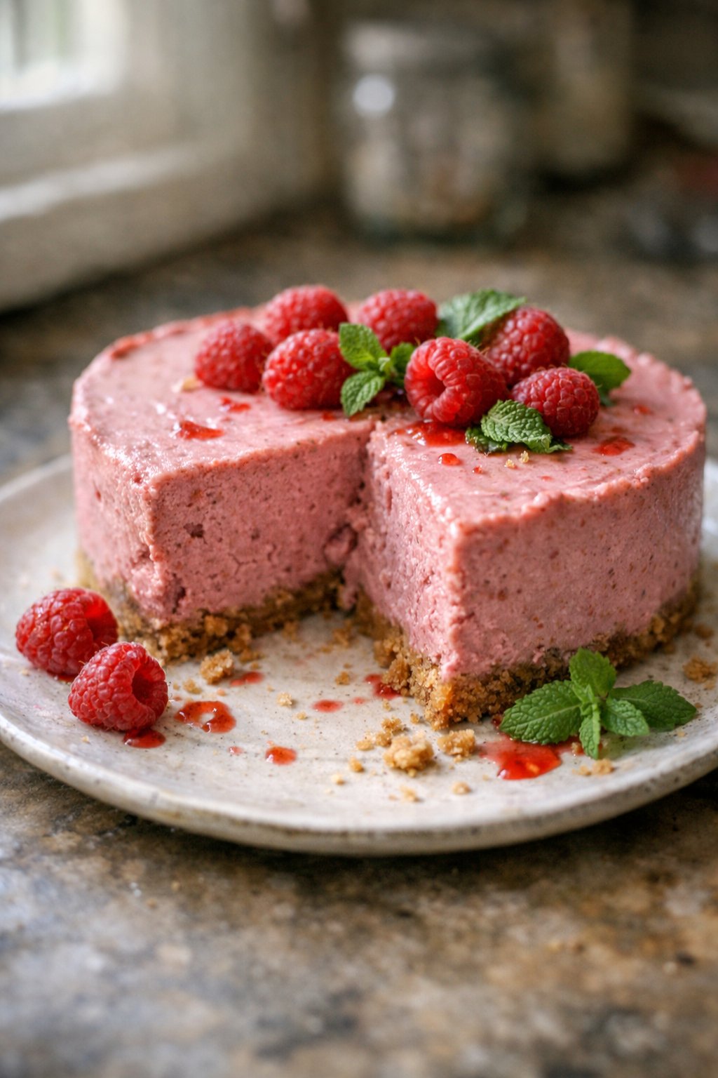 A slice of raspberry mousse cake on a plate placed on a worn kitchen surface with fresh raspberries and mint, softly lit by window light from the side.
