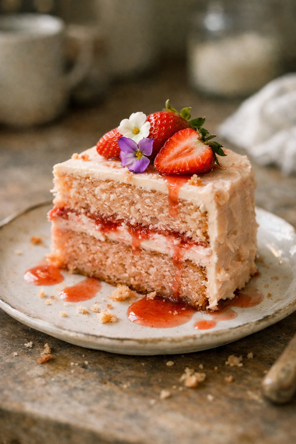 A slice of strawberry champagne cake on a plate with fresh strawberries and edible flowers, placed on a worn wooden surface in a home kitchen.