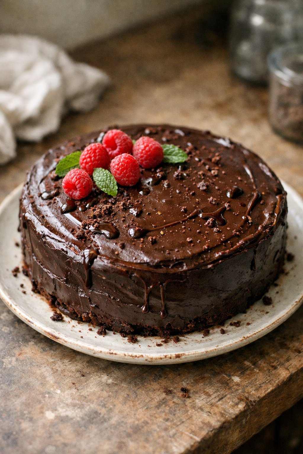A classic chocolate ganache cake on a worn wooden surface in a home kitchen, with scattered crumbs and a few raspberries on top.