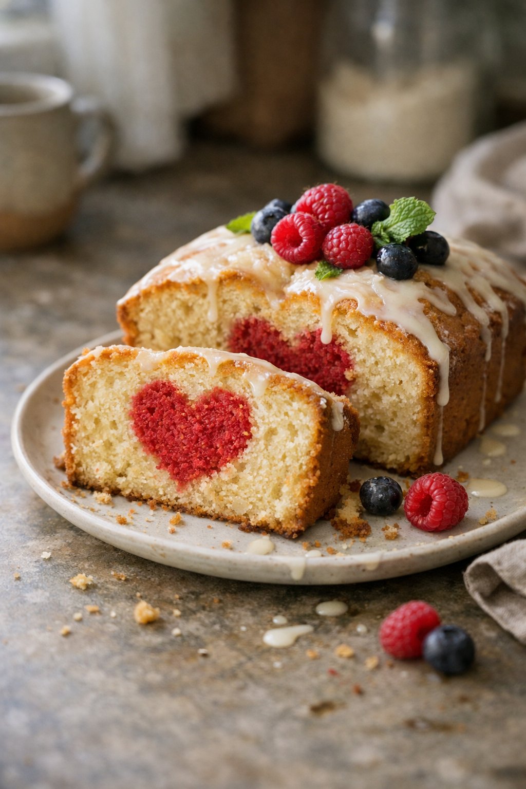 A slice of vanilla cake with a heart-shaped decoration on a wooden surface in a home kitchen, with crumbs and sauce drips around it.