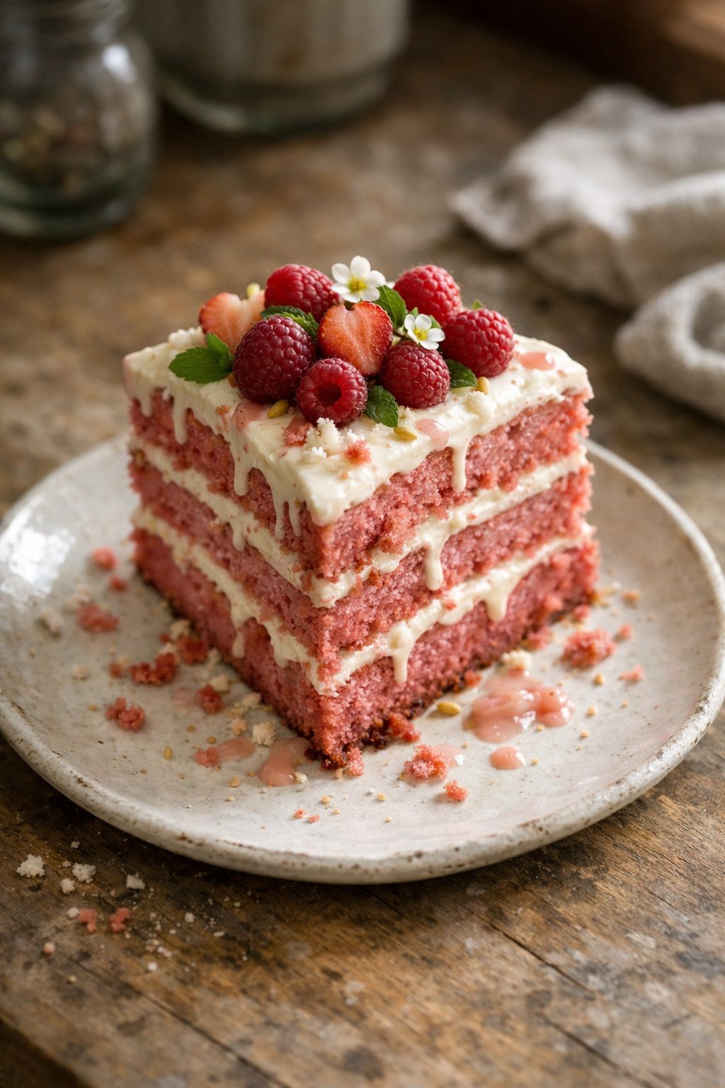 A pink velvet layer cake on a worn kitchen surface with crumbs and sauce drips, lit by soft window light from the side.