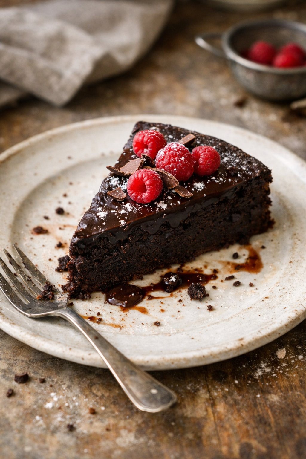 A dark chocolate torte on a worn wooden or stone surface in a home kitchen, lit by soft natural window light from the side.