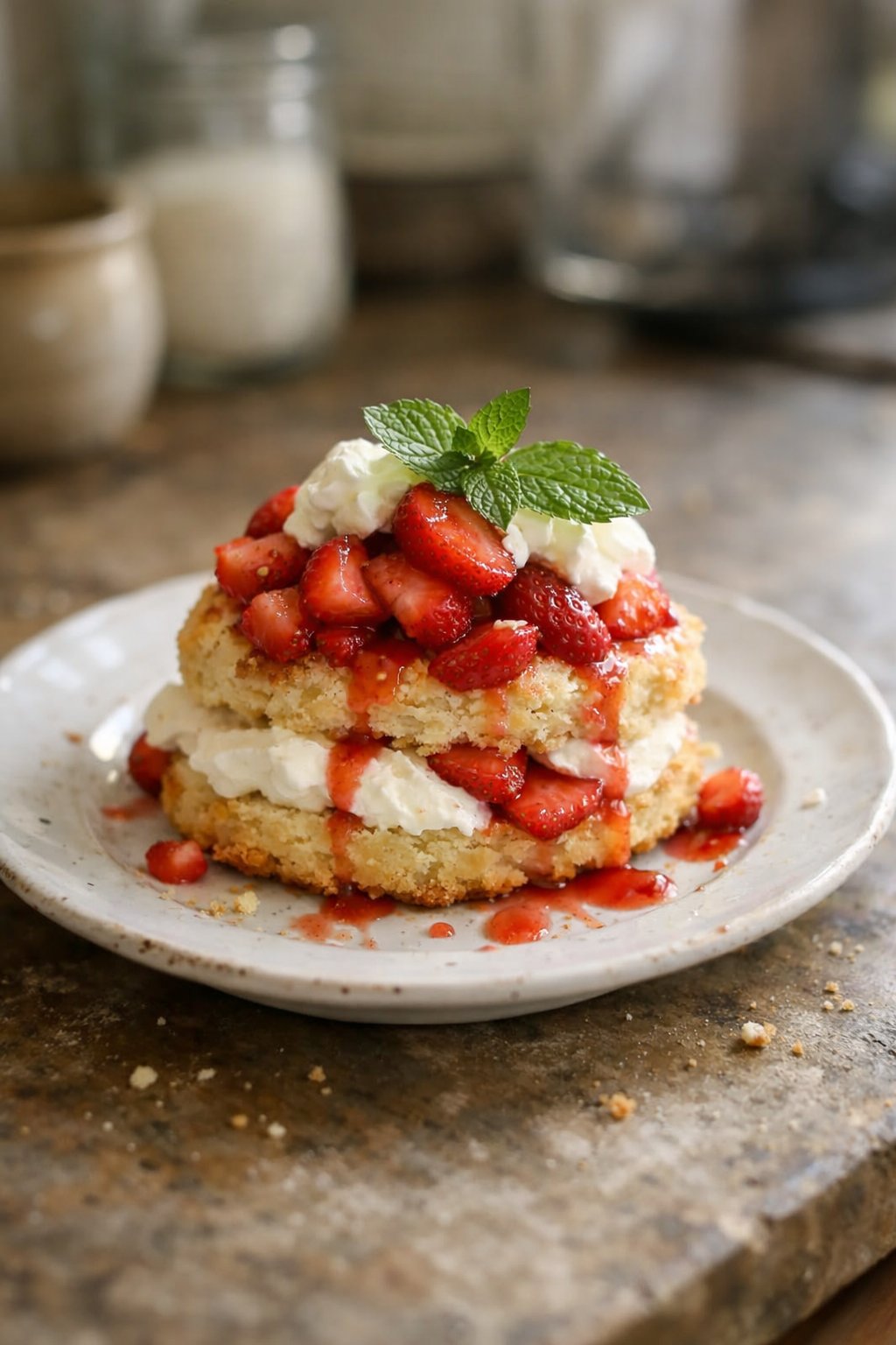 A strawberry shortcake on a plate placed on a worn kitchen surface with natural light coming from the side.