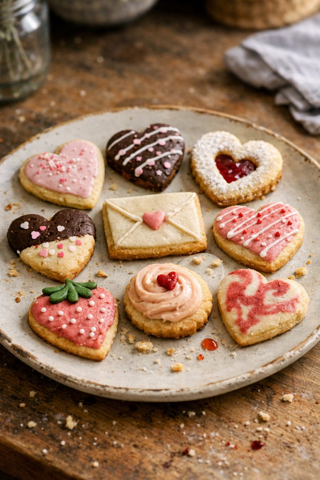 Nine Valentine's Day cookies on a worn kitchen surface with natural light and small imperfections visible.