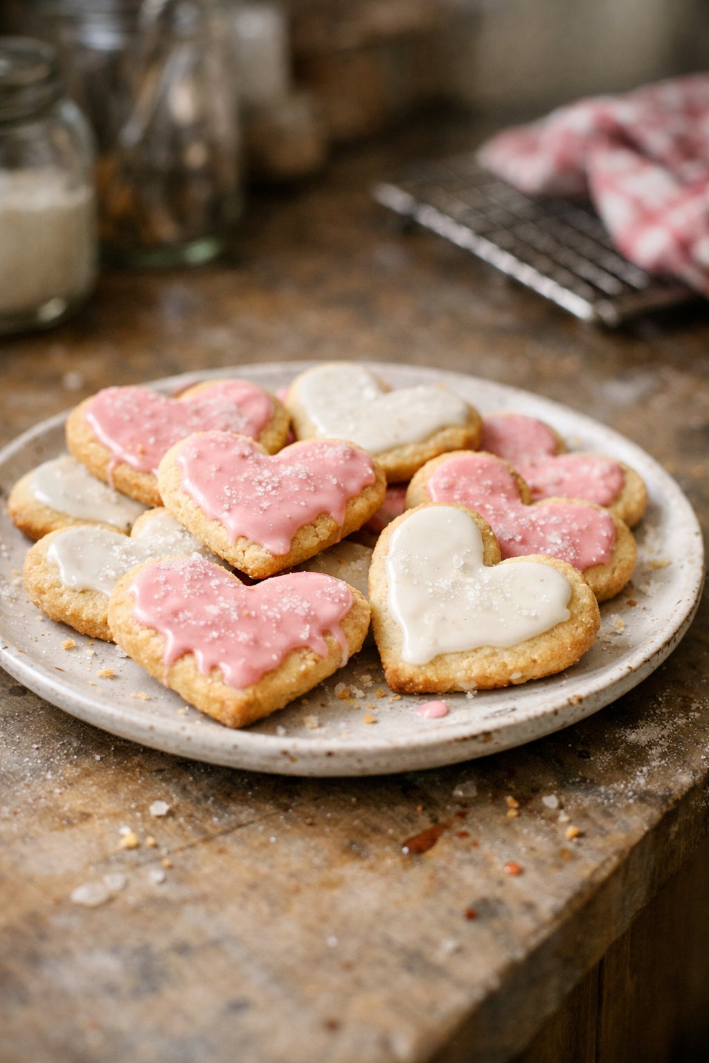 Heart-shaped sugar cookies on a worn wooden surface in a home kitchen, softly lit by window light from the side.