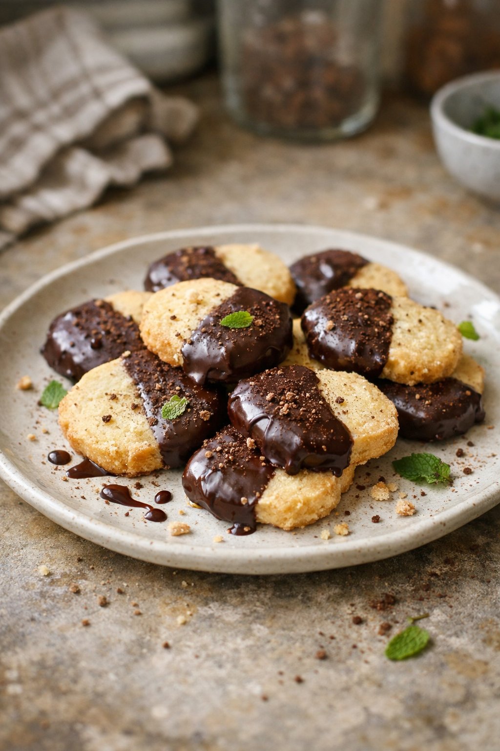 A plate of chocolate-dipped shortbread cookies on a wooden surface in a home kitchen with natural light and small crumbs around.