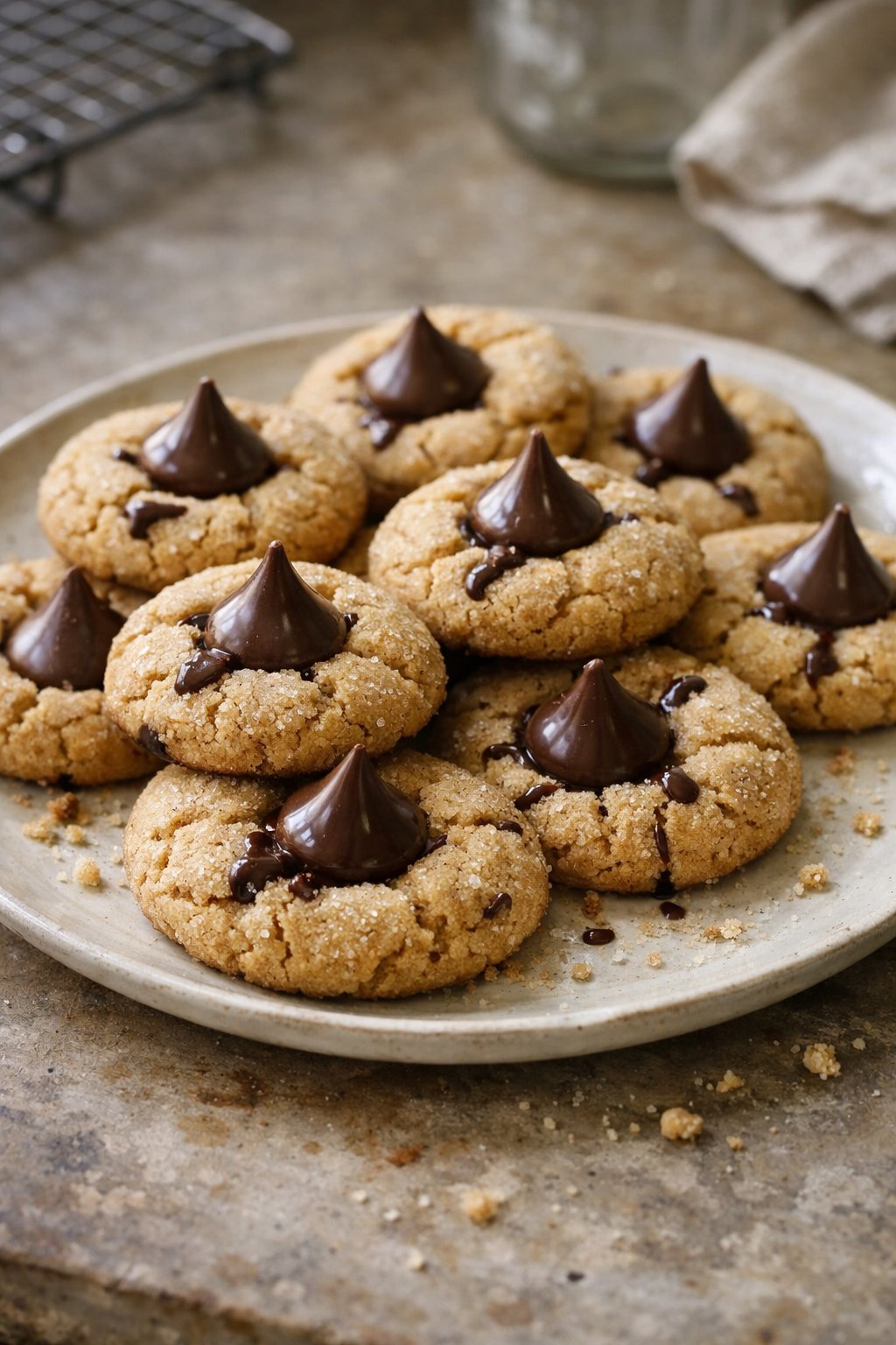 A plate of peanut butter blossom cookies on a wooden surface in a home kitchen with natural light coming from the side.