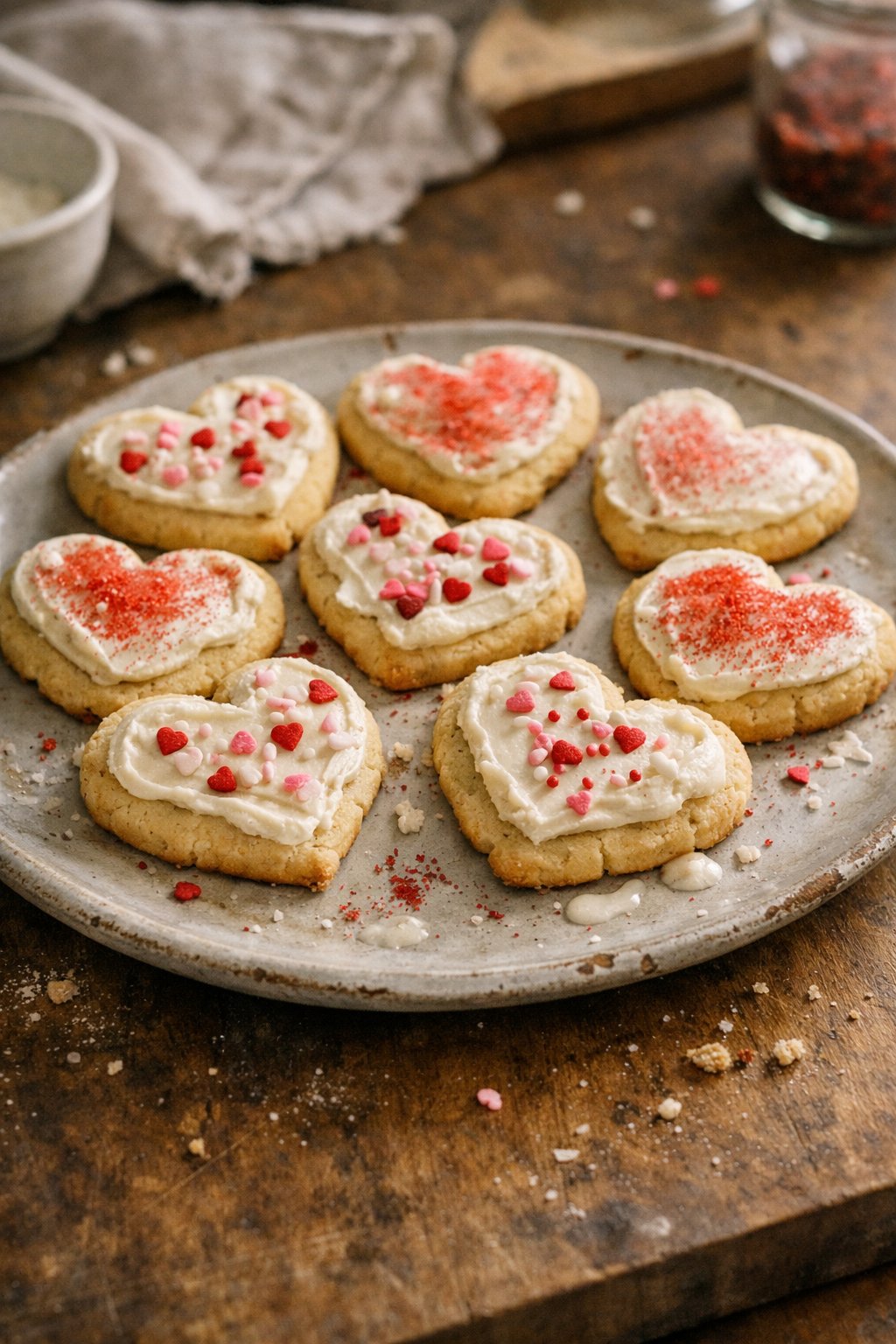 A plate of classic butter cookies with creamy frosting on a worn wooden surface in a home kitchen, softly lit by natural window light from the side.