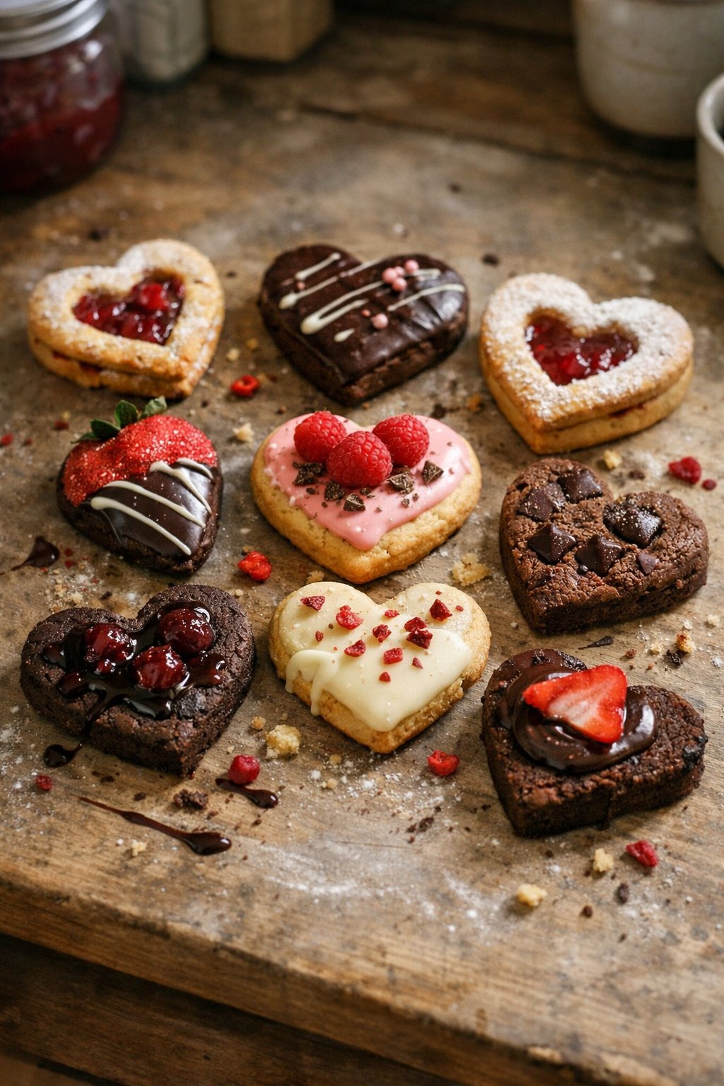 A plate of assorted Valentine's Day cookies with fruit and chocolate on a worn wooden surface in a home kitchen, softly lit by window light from the side.