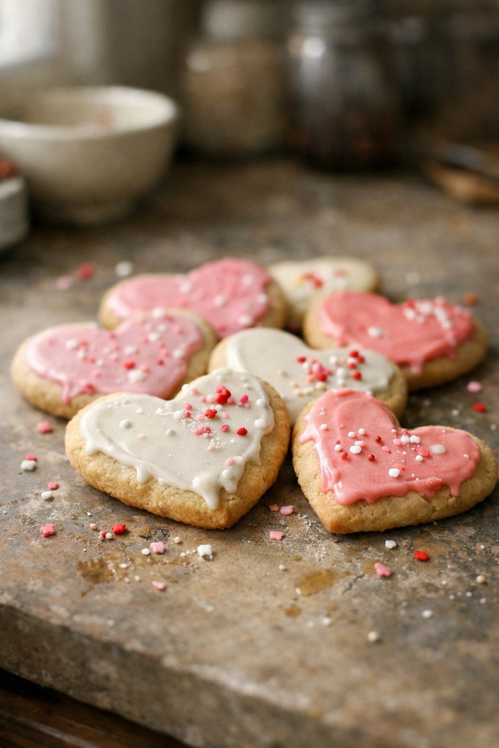 A plate of heart-shaped frosted sugar cookies on a worn wooden surface in a home kitchen with soft side lighting.