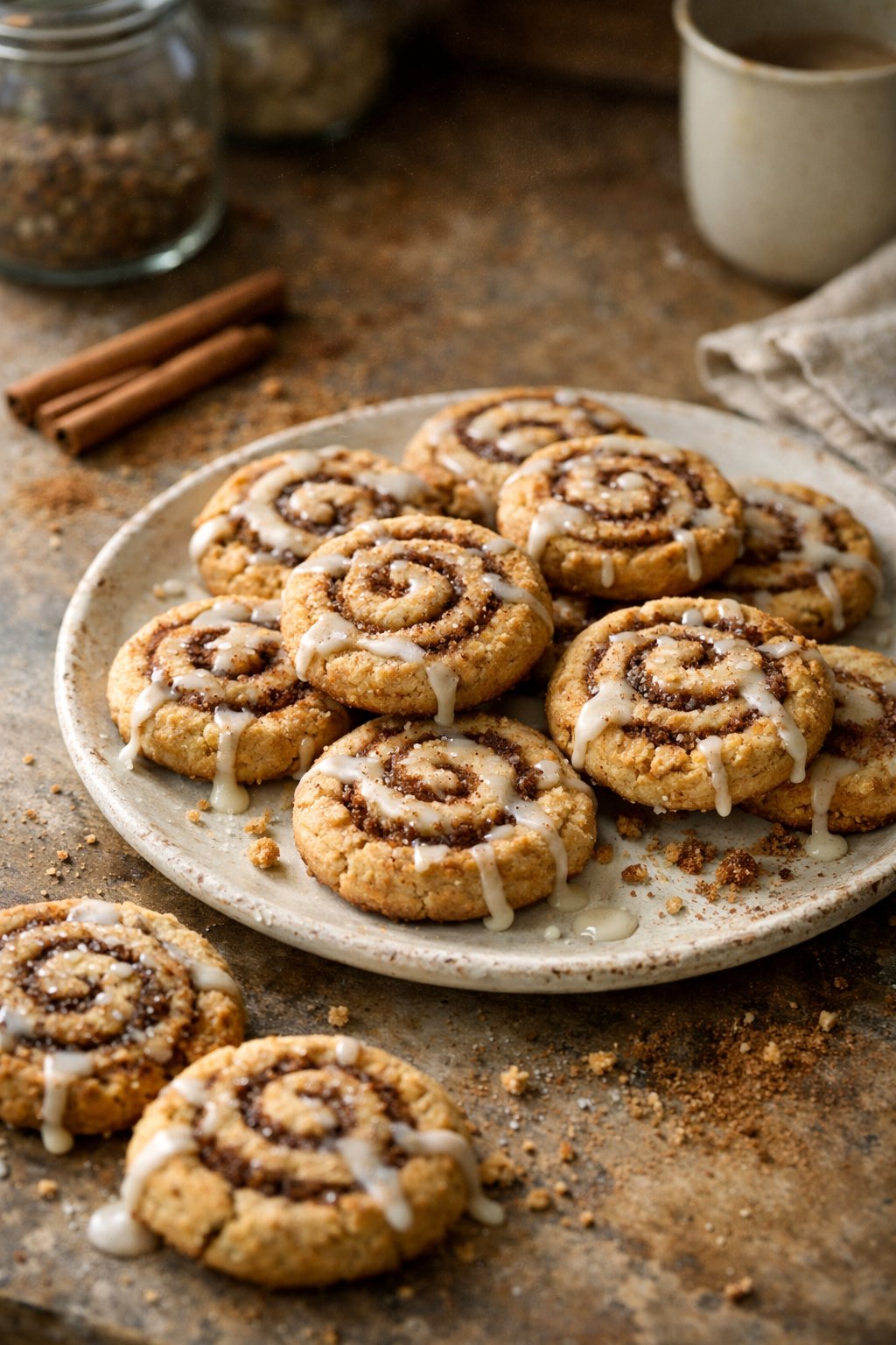 A plate of spiced cinnamon roll cookies on a worn wooden surface in a home kitchen, with natural light coming from the side.
