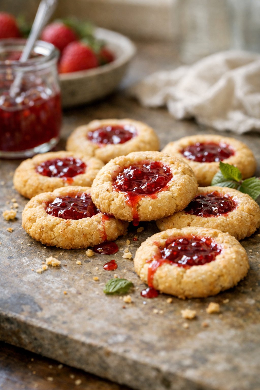 A plate of strawberry jam-filled thumbprint cookies on a wooden surface in a home kitchen, lit by soft window light from the side.