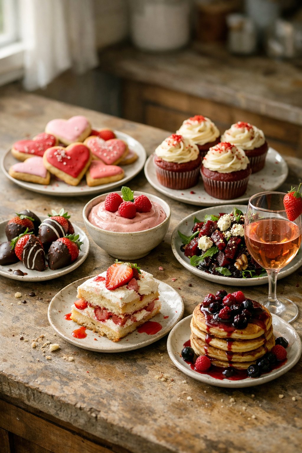 A cozy kitchen table with eight Valentine's Day themed foods including heart-shaped cookies, chocolate-covered strawberries, pink mousse, red velvet cupcakes, beet salad, strawberry shortcake, pancakes with berry compote, and a glass of rosé, all casually arranged on a wooden surface.