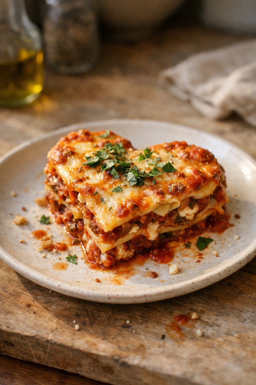 A heart-shaped lasagna on a plate on a wooden surface in a home kitchen, with some sauce drips and herbs on top.