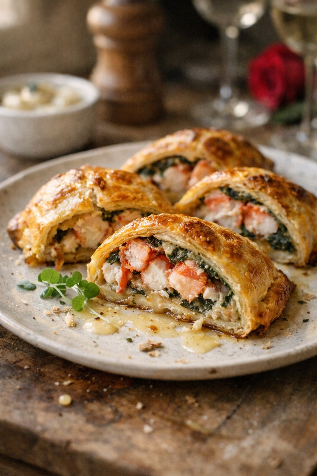 A plate of Lobster Wellington on a worn wooden surface in a home kitchen, lit by soft window light from the side, with visible crumbs and sauce drips around it.