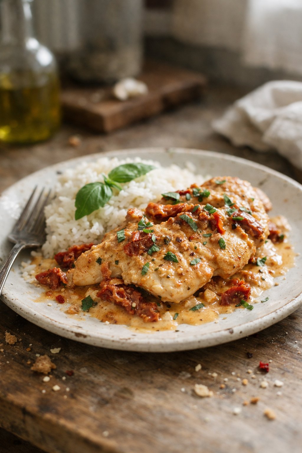 A plate of home-cooked Marry Me Chicken on a worn wooden surface in a kitchen, with natural light from the side and small imperfections like crumbs and sauce drips visible.
