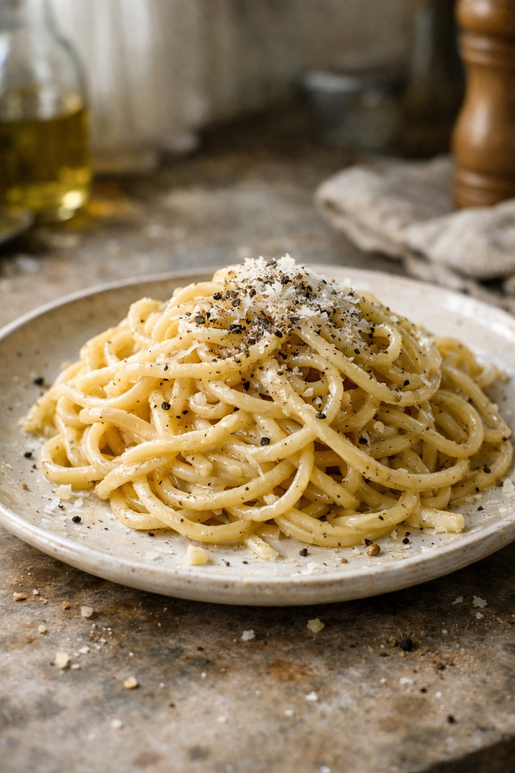 A plate of Cacio e Pepe pasta on a worn wooden surface in a home kitchen, softly lit by window light from the side.