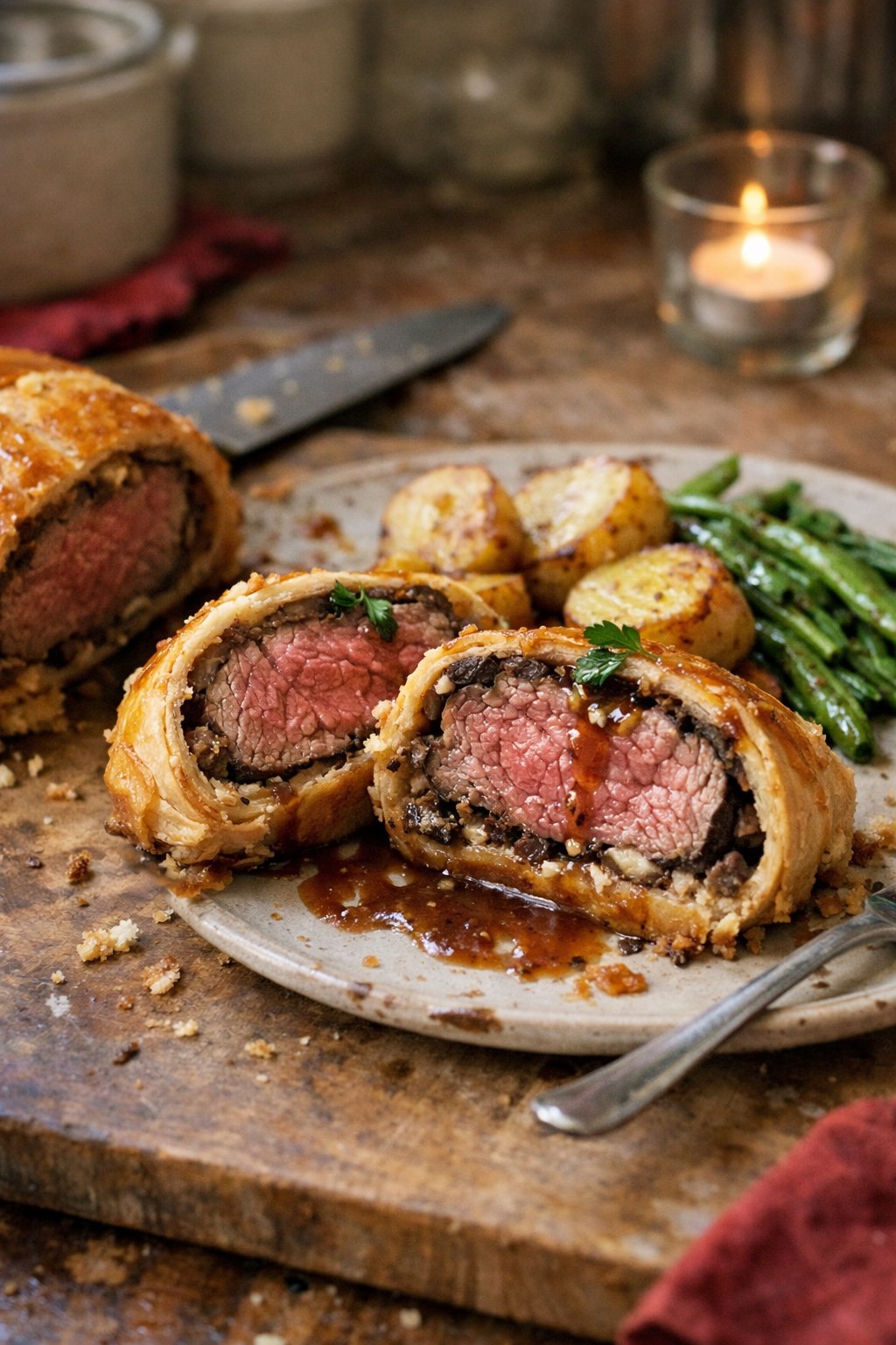 A plate of Beef Wellington on a worn wooden surface in a home kitchen, with natural light coming from the side and visible small imperfections on the food.