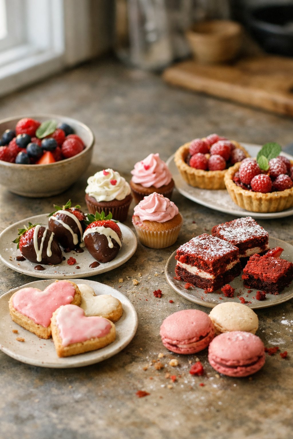 Seven Valentine's Day treats arranged on a worn wooden surface in a home kitchen, including heart-shaped cookies, chocolate-covered strawberries, cupcakes, tarts, macarons, brownies, and berries.