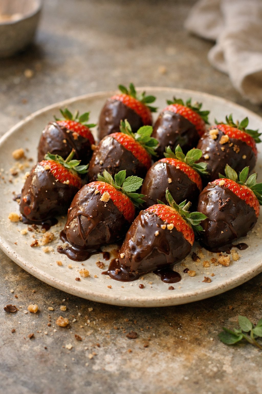 A plate of chocolate-covered strawberries on a worn kitchen surface with natural light coming from the side.