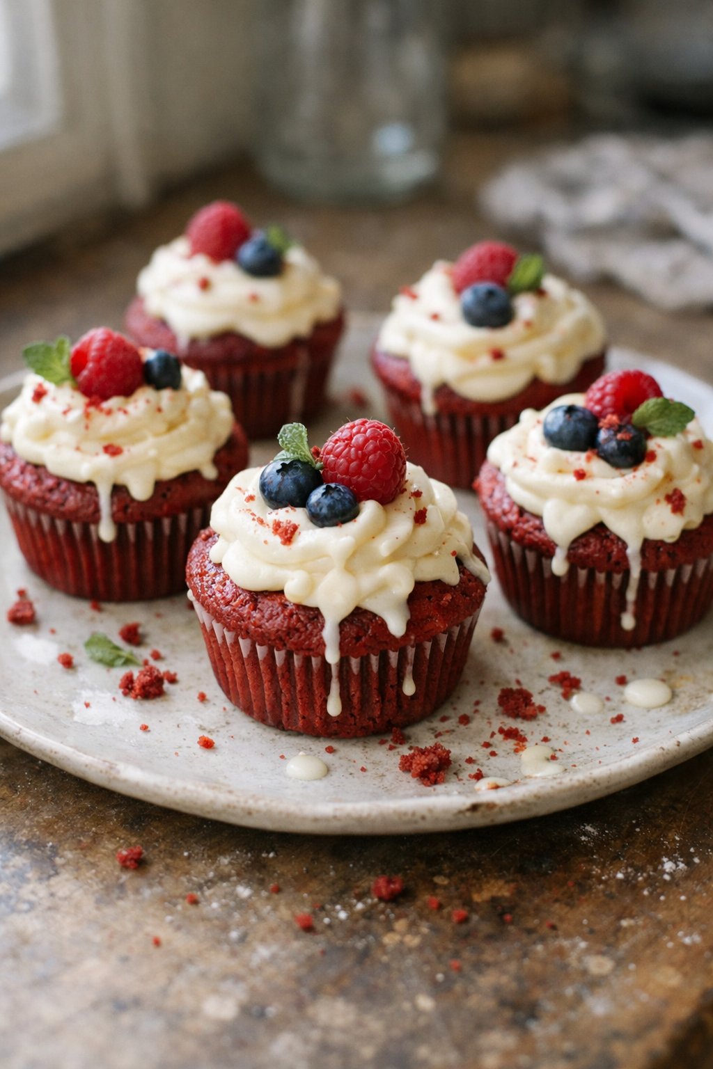 Red velvet cupcakes casually plated on a worn wooden surface in a home kitchen, with natural light and small crumbs around them.
