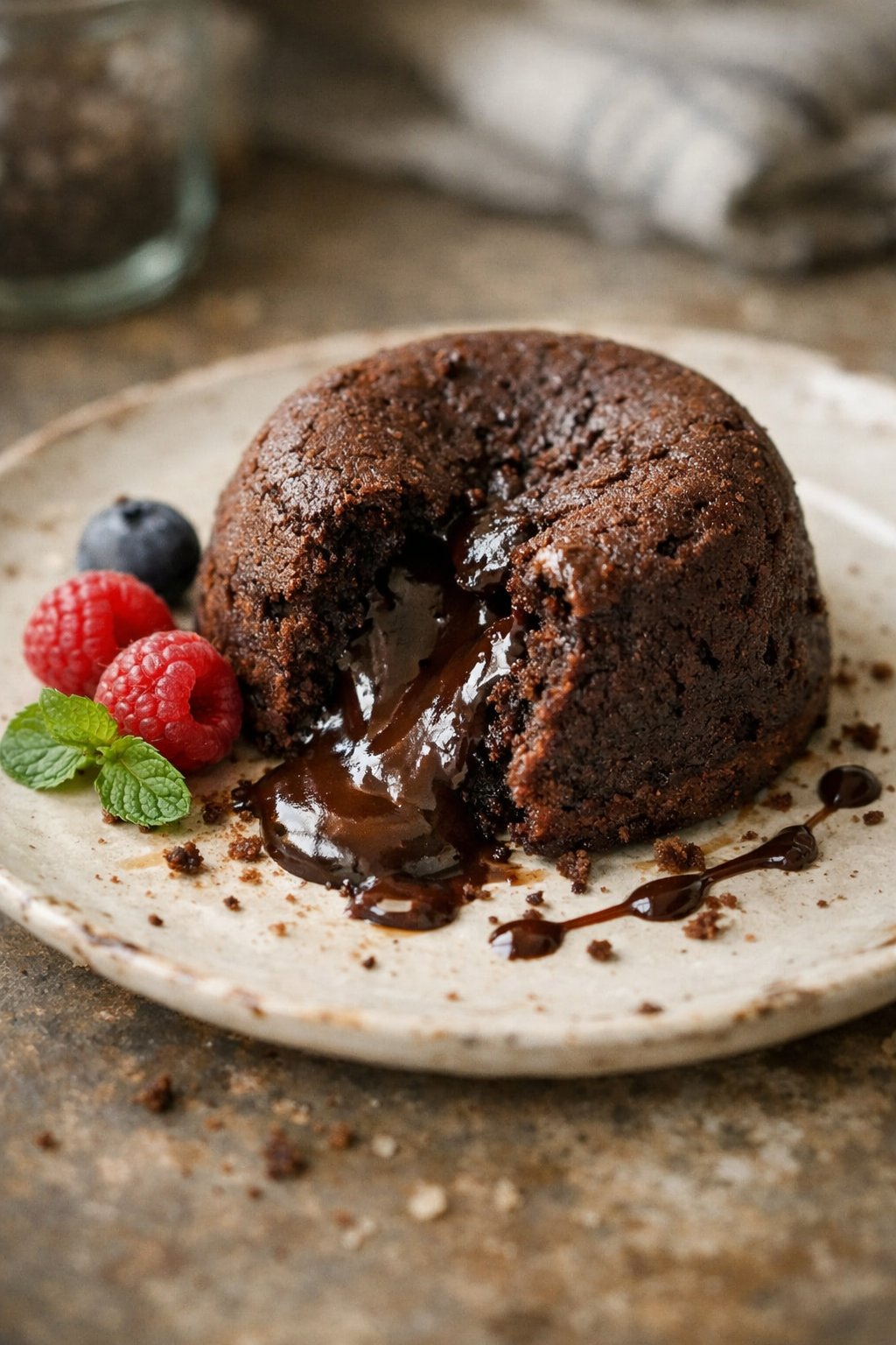 A chocolate lava cake on a worn wooden surface with molten chocolate oozing out, surrounded by scattered crumbs and a few fresh berries.