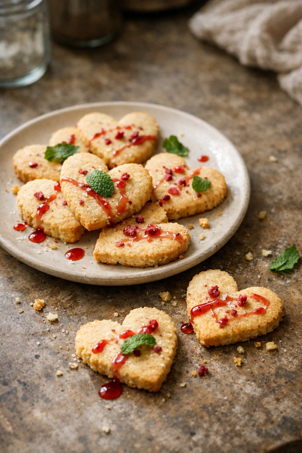 Heart-shaped sugar cookies on a worn wooden surface in a home kitchen, with some crumbs and sauce drips visible.