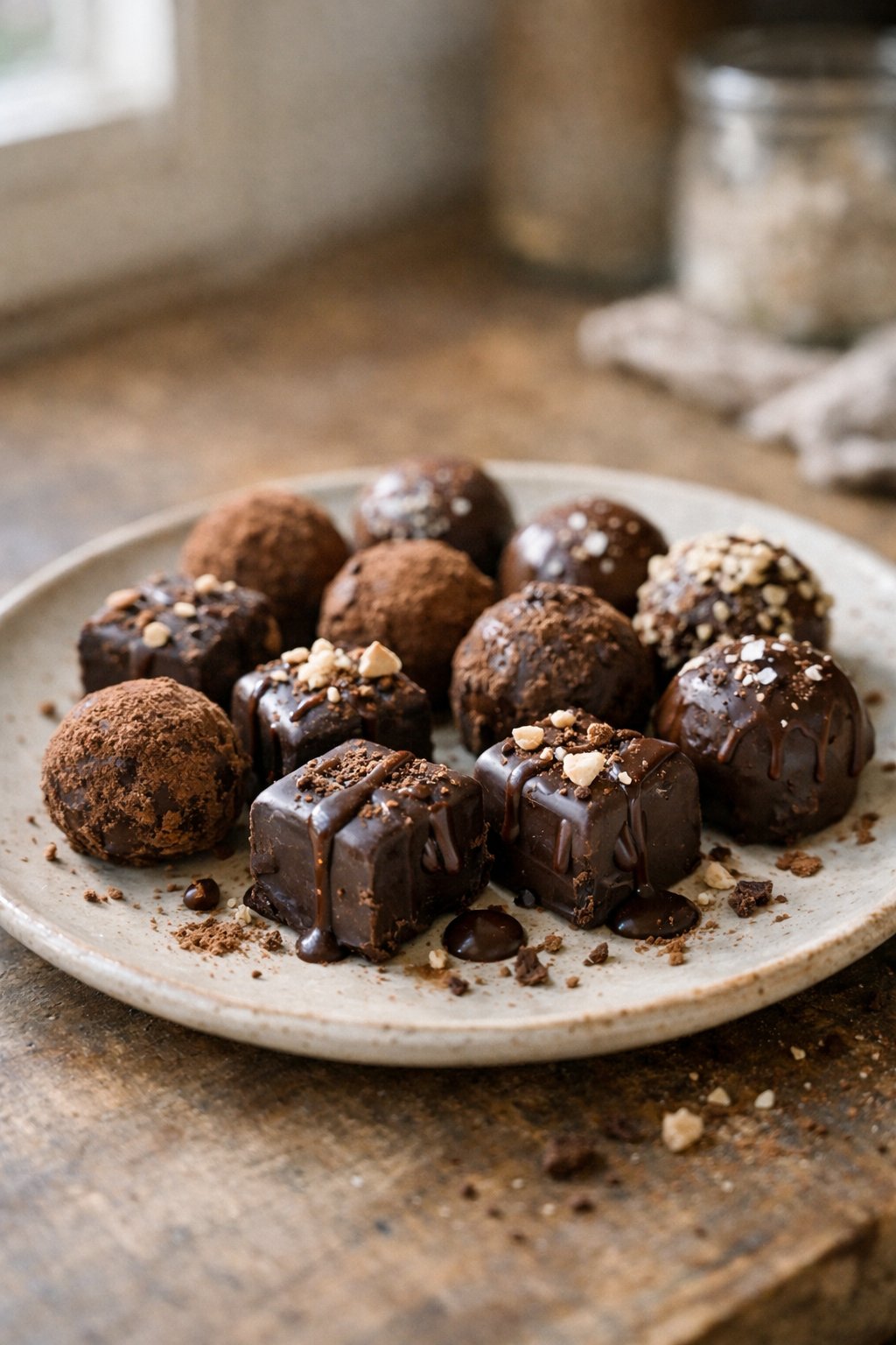 A plate of homemade chocolate truffles on a worn wooden surface in a kitchen, softly lit by window light from the side.
