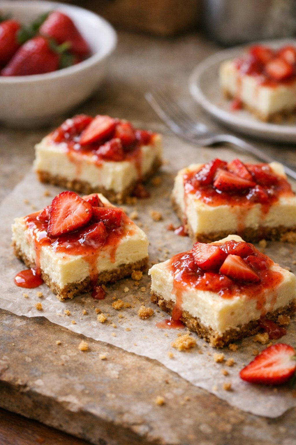 A plate of strawberry cheesecake bars on a worn wooden surface in a home kitchen, with natural light coming from the side.