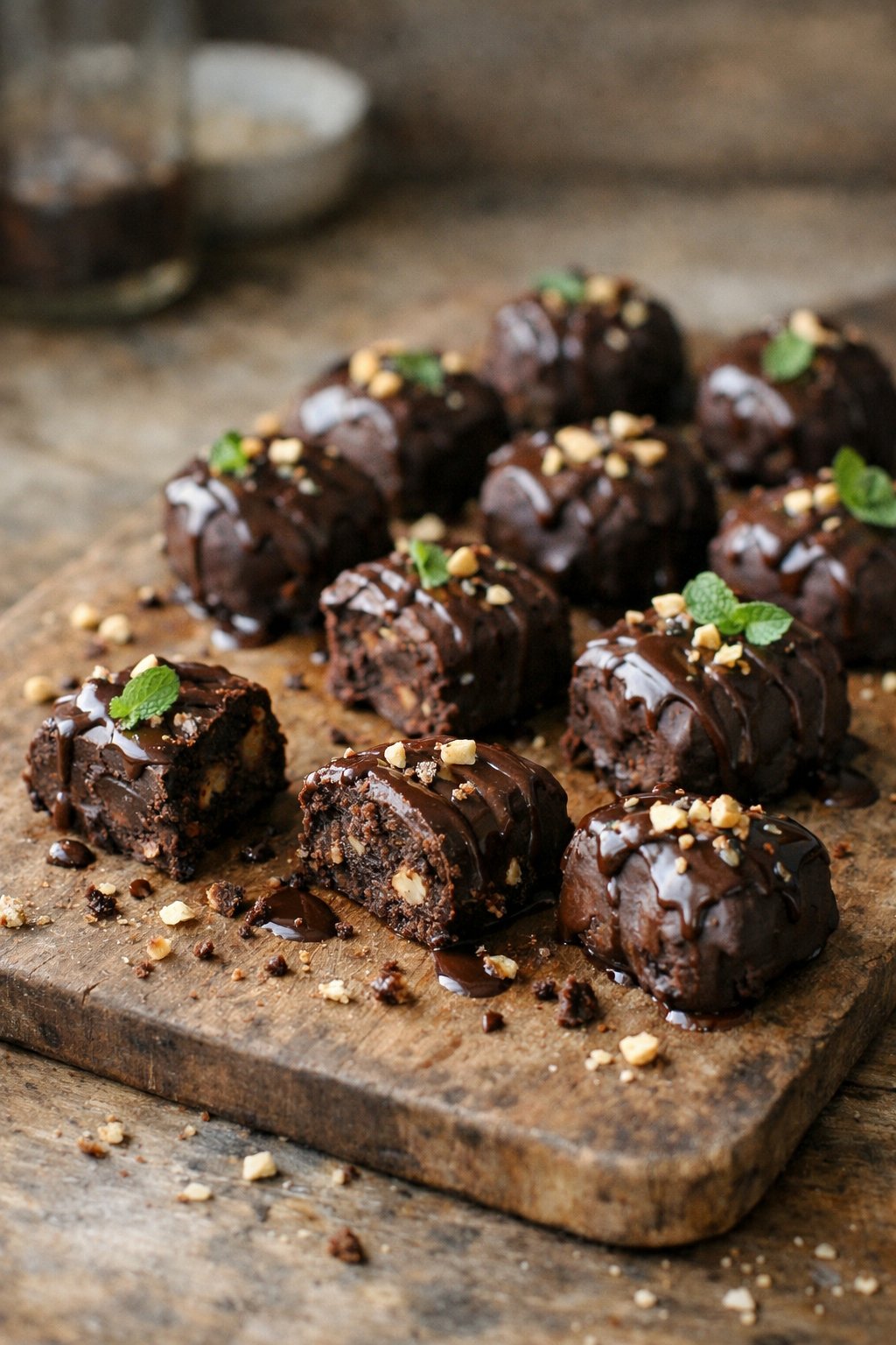 A plate of no-bake chocolate bonbons on a worn wooden surface in a home kitchen, with natural light coming from the side and small crumbs and garnish visible around the food.