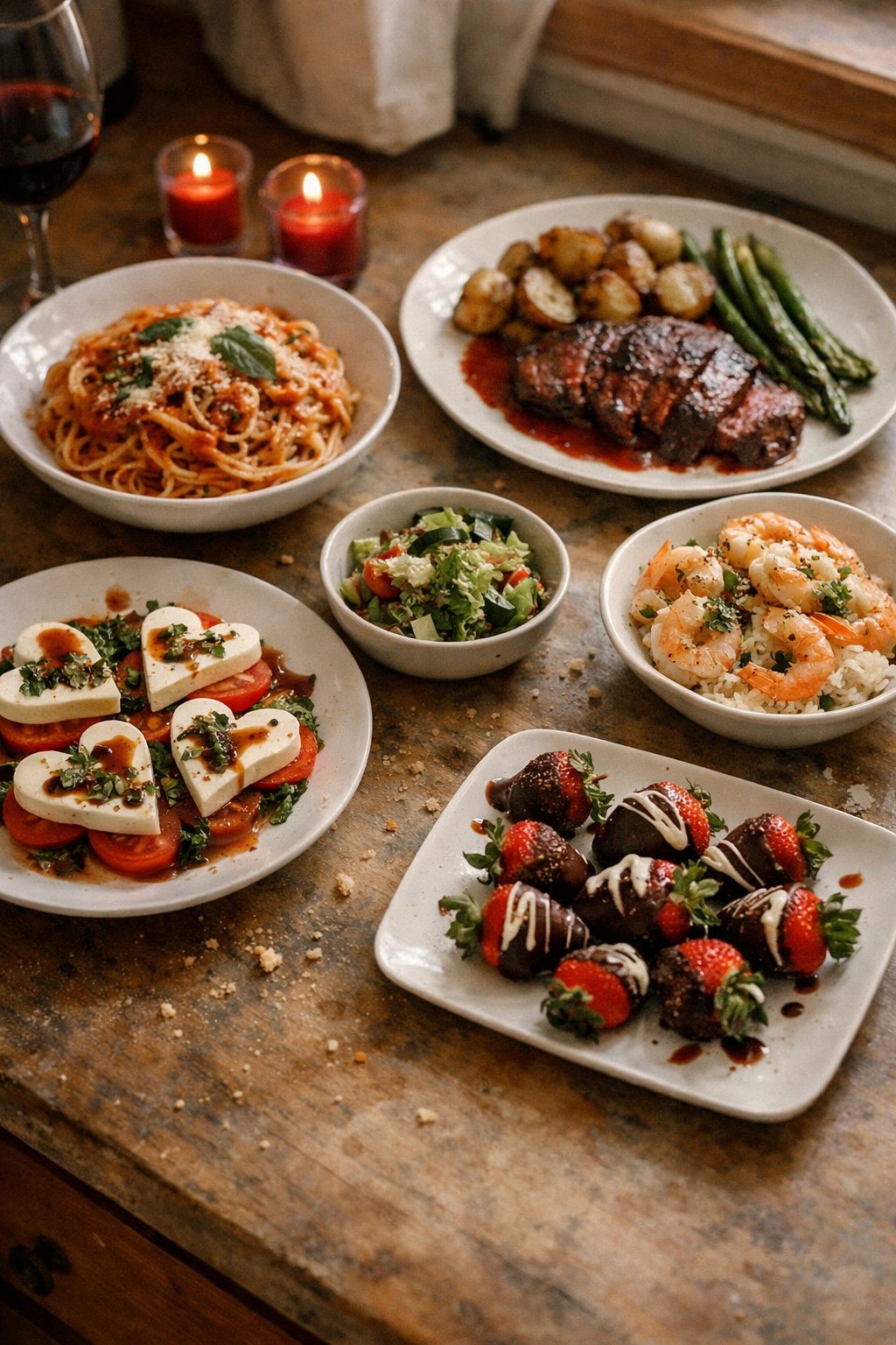Six plates of home-cooked Valentine's Day dinner dishes arranged on a worn wooden surface in a cozy kitchen with soft side window light.