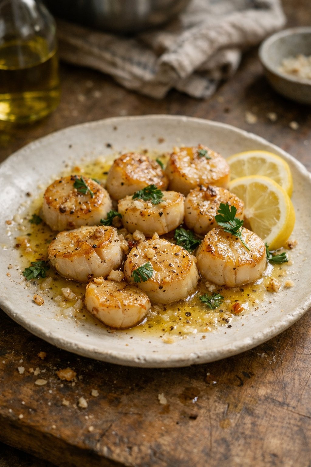 A plate of seared scallops with lemon butter sauce on a worn wooden surface in a home kitchen, lit by soft natural window light from the side.
