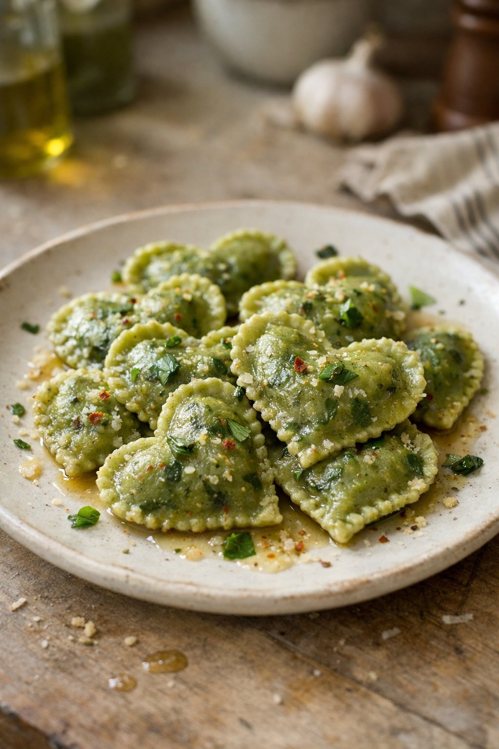 A plate of heart-shaped cheese and spinach ravioli on a worn wooden surface in a home kitchen, softly lit by window light from the side.