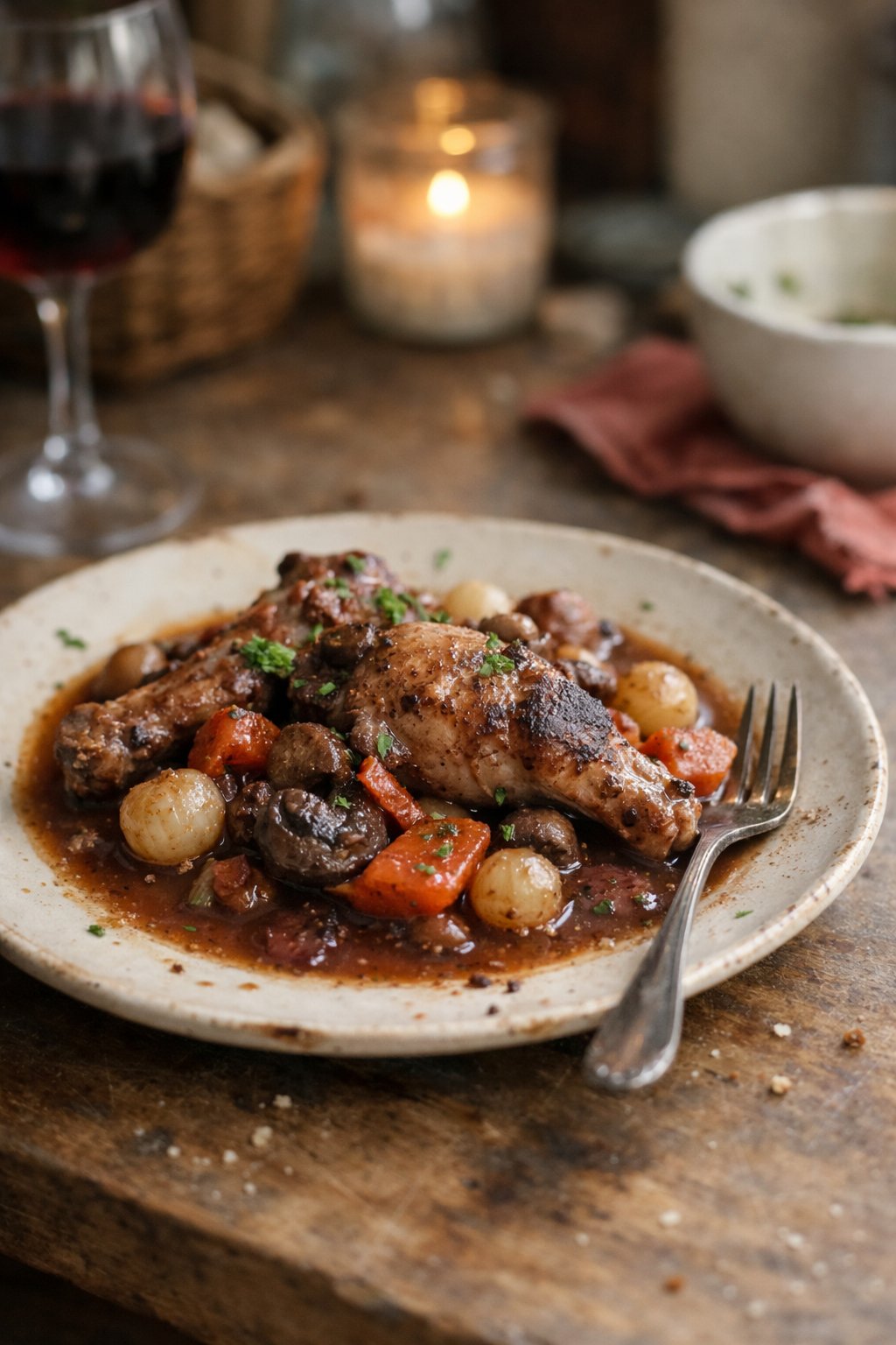 A casually plated serving of Coq au Vin on a worn wooden surface in a home kitchen, softly lit by natural window light from the side.