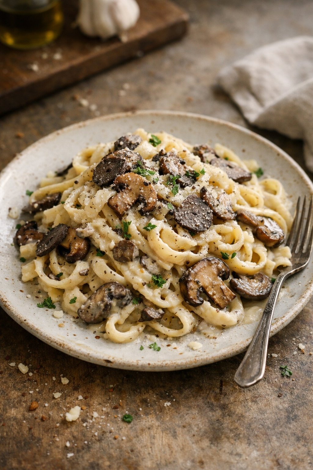 A plate of creamy truffle mushroom pasta on a worn wooden surface in a home kitchen, softly lit by natural window light from the side.