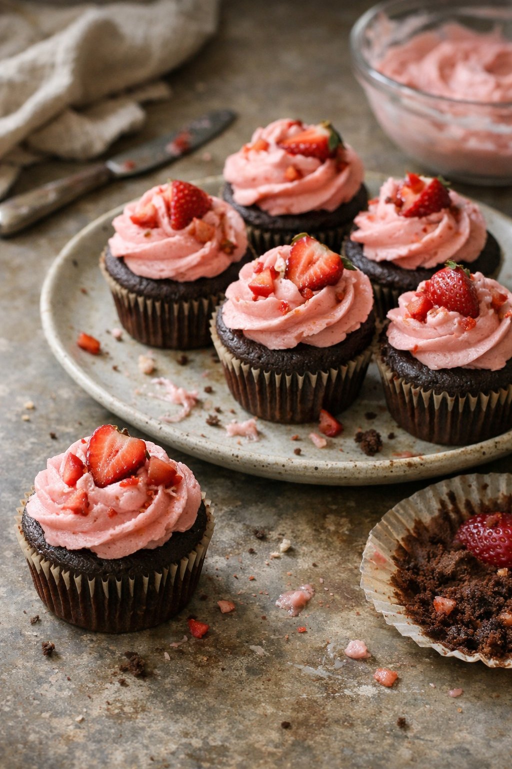 A plate of chocolate cupcakes with strawberry buttercream on a worn wooden surface in a home kitchen, softly lit by natural window light from the side.