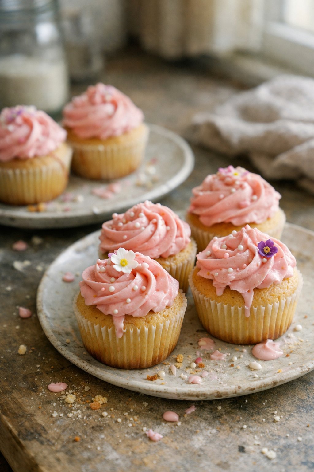 Vanilla cupcakes with pink buttercream swirls on a worn wooden surface in a home kitchen, with some crumbs and small imperfections visible.