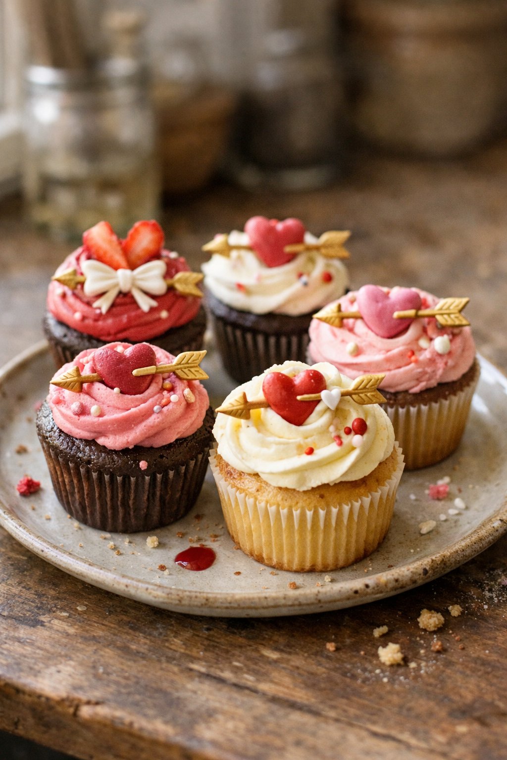 Five Valentine's Day cupcakes decorated with cupid’s bow designs on a worn wooden or stone surface in a home kitchen, softly lit by natural window light from the side.