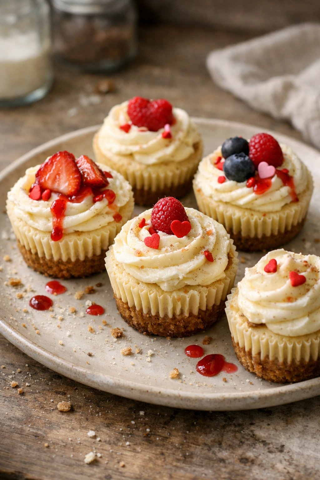 Five cheesecake-filled Valentine's Day cupcakes on a worn wooden surface in a home kitchen, with natural light and small imperfections visible.