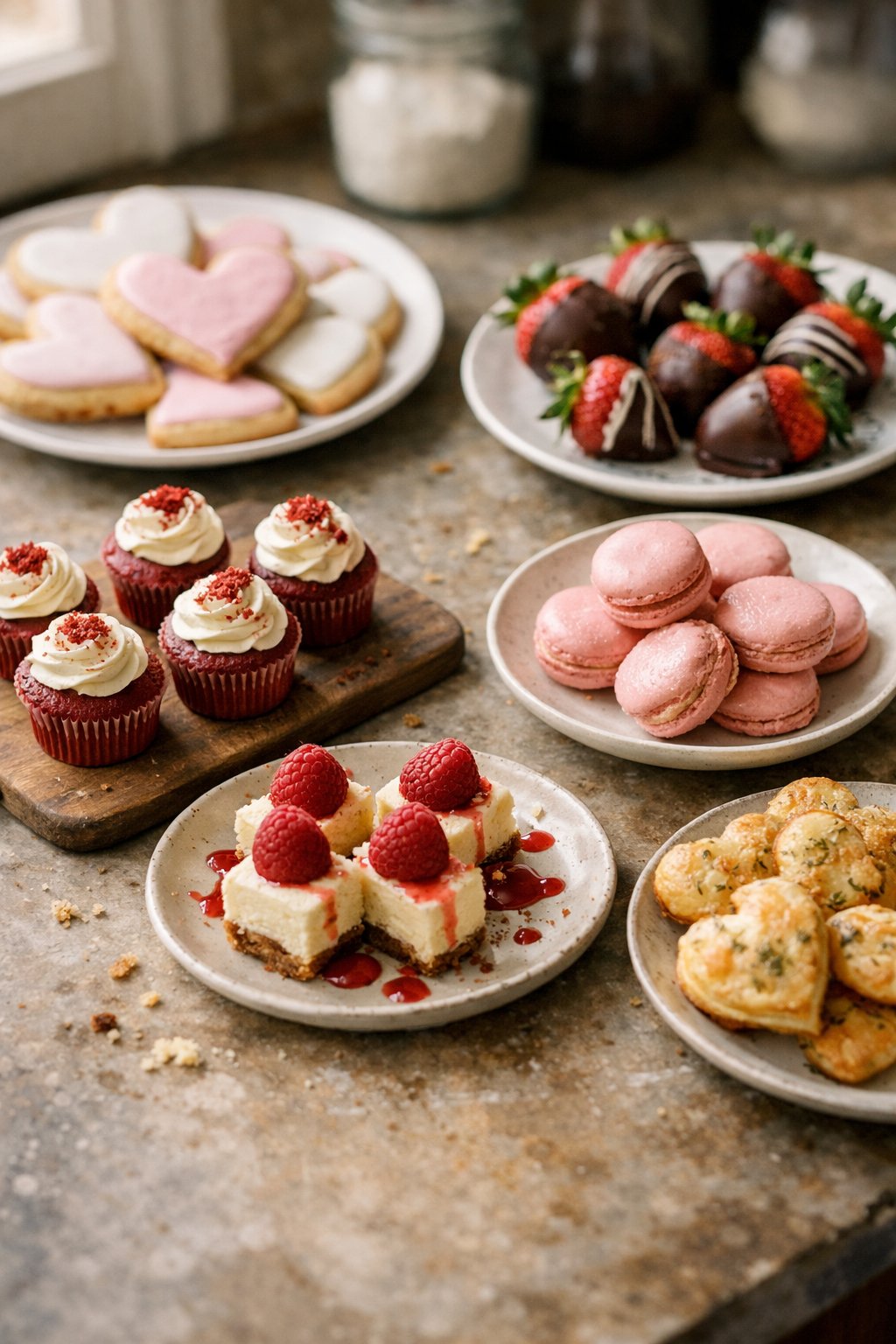 A home kitchen table with six Valentine's Day snacks arranged on a worn wooden surface, including heart-shaped cookies, chocolate-dipped strawberries, cupcakes, macarons, cheesecake bites, and puff pastries.