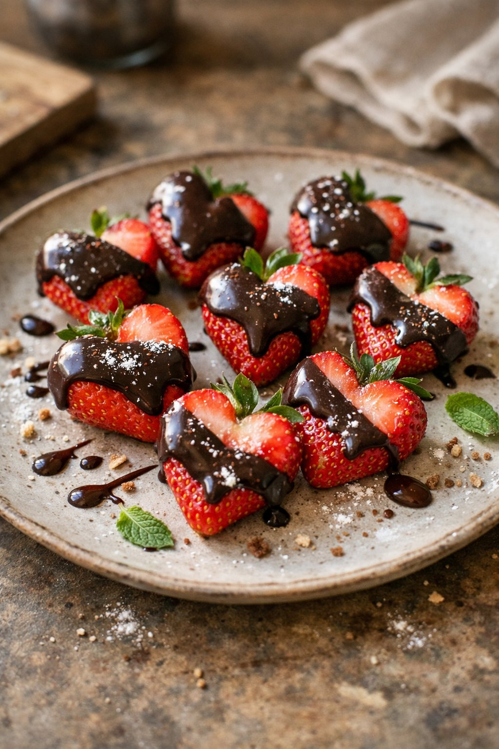 Heart-shaped chocolate-dipped strawberries casually arranged on a worn wooden surface in a home kitchen with natural light.