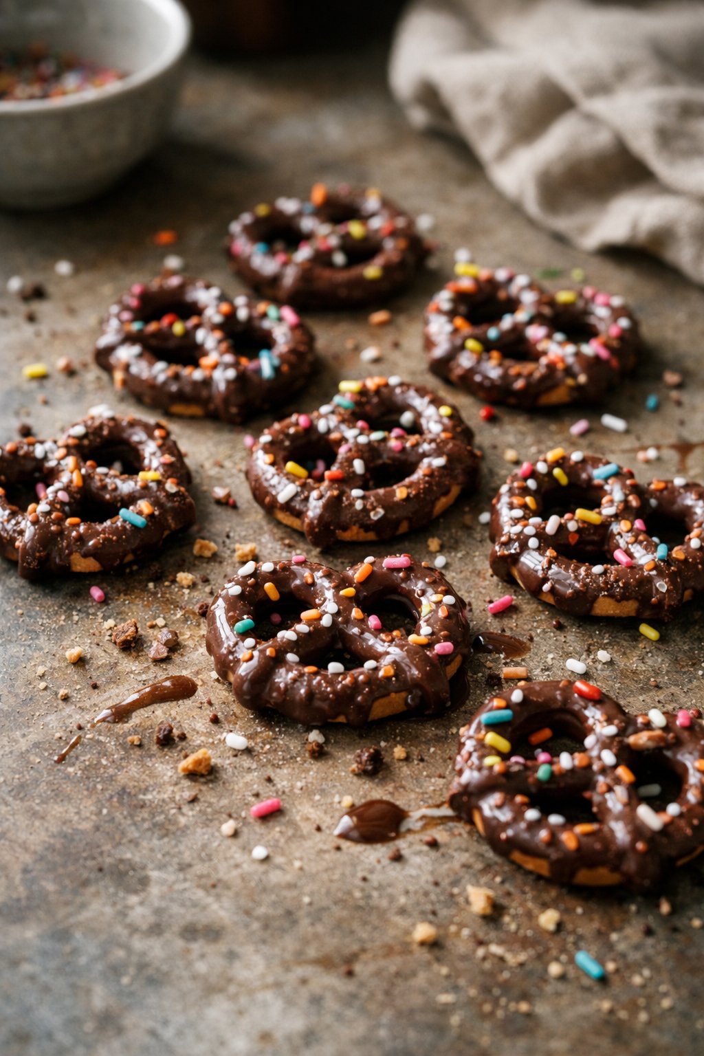 Chocolate-covered pretzels with colorful sprinkles casually arranged on a worn wooden or stone surface in a home kitchen, softly lit by natural window light from the side.