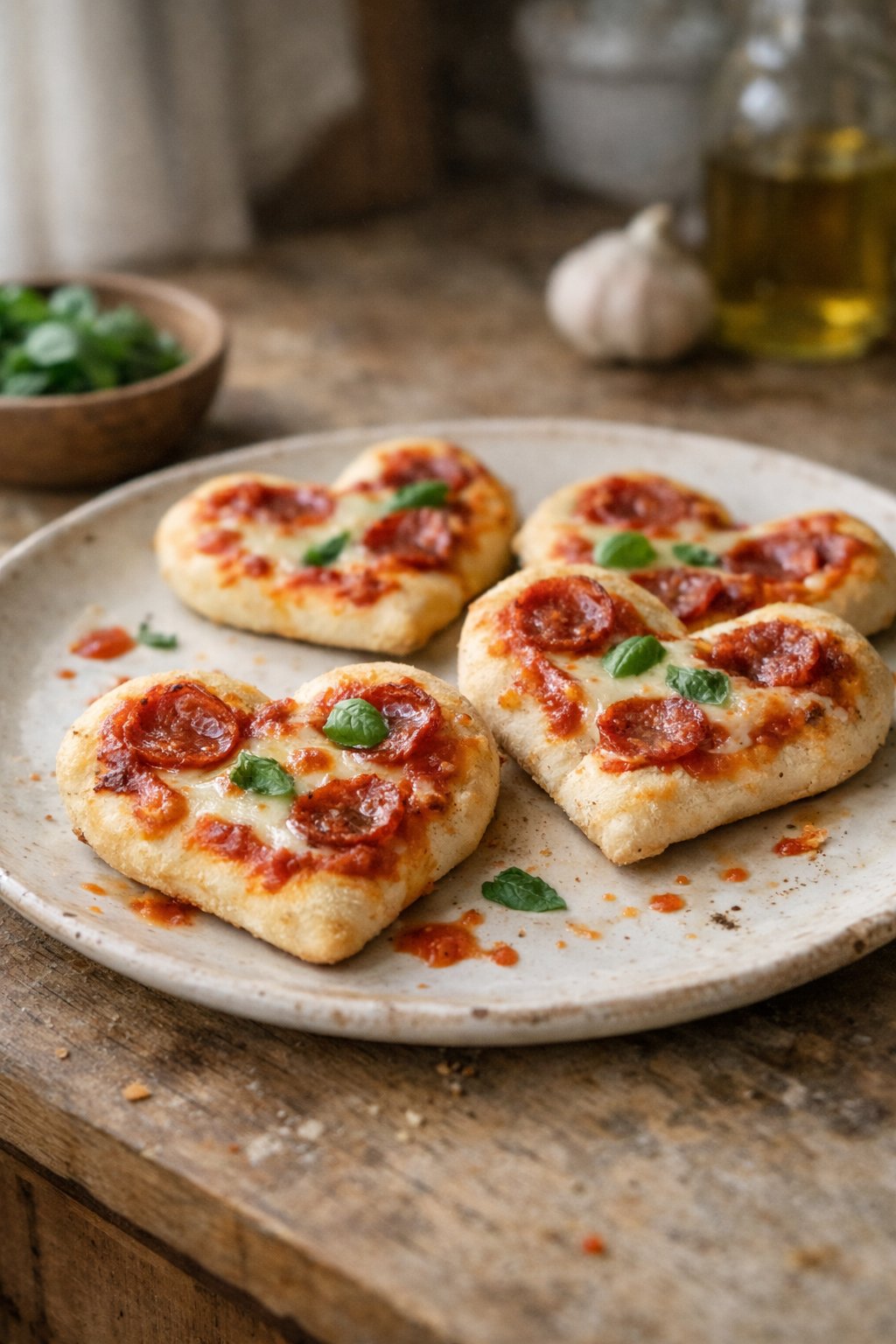 Heart-shaped mini pizzas on a worn wooden surface in a home kitchen, with natural light and small imperfections like crumbs and sauce drips.