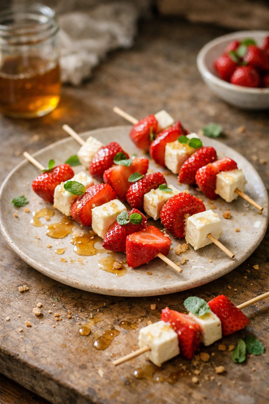A plate of strawberry and cream cheese fruit skewers on a worn wooden surface in a home kitchen, softly lit by natural window light from the side.