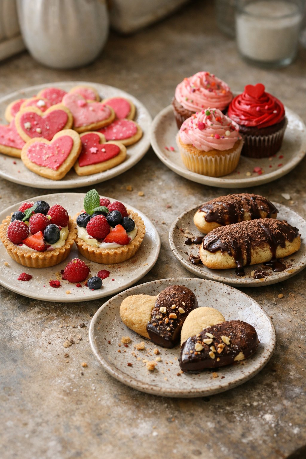 A variety of Valentine's Day baked goods on a worn wooden surface in a home kitchen, with natural light and casual plating.