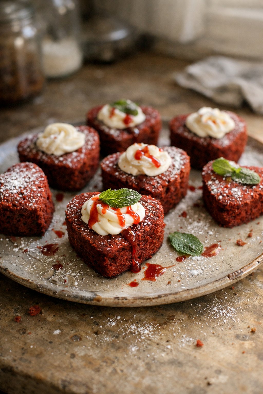 Heart-shaped red velvet cupcakes on a worn wooden surface in a home kitchen with natural light coming from the side.