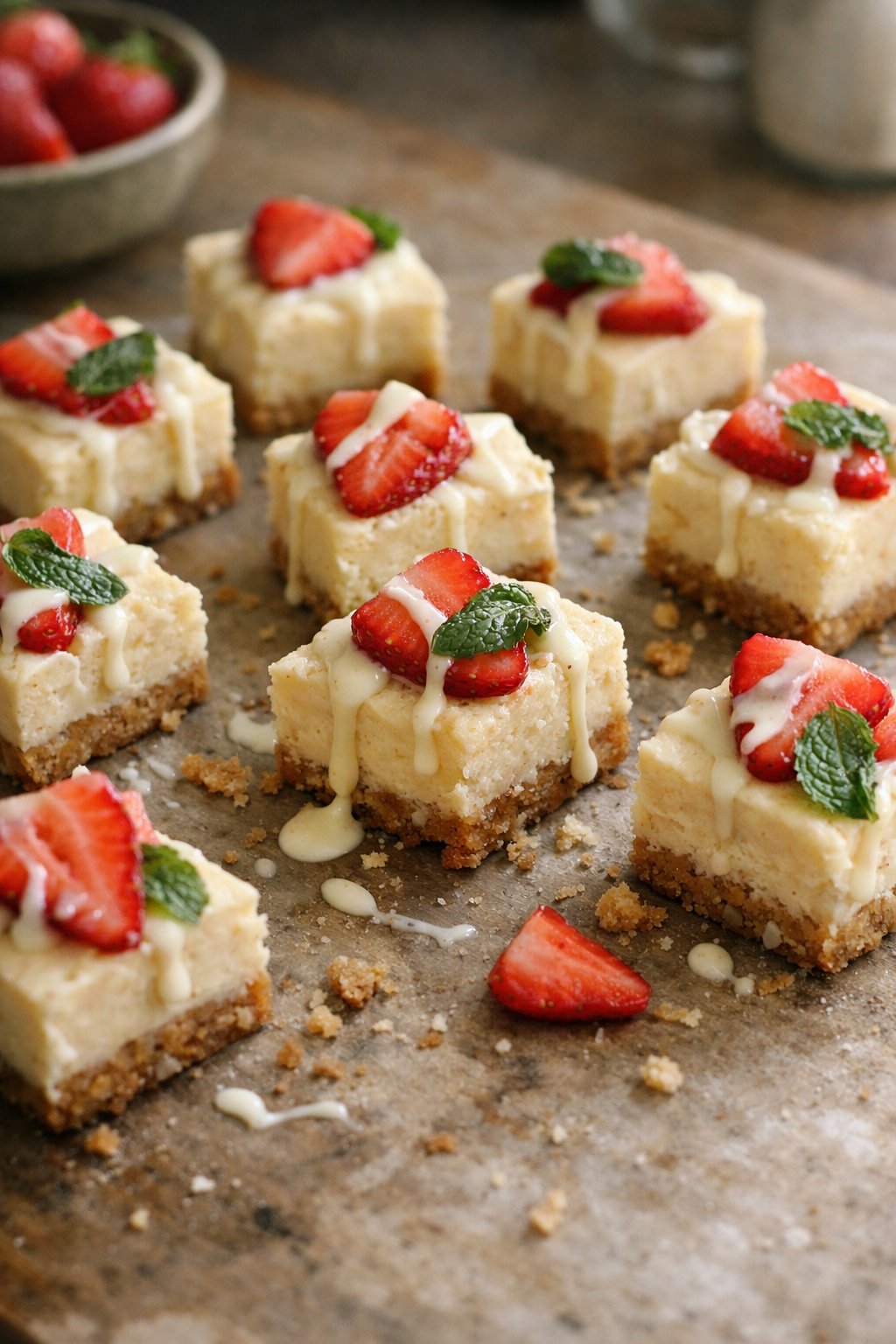 A casual arrangement of strawberry and white chocolate cheesecake bites on a worn wooden surface in a home kitchen, softly lit by natural window light with visible crumbs and sauce drips.
