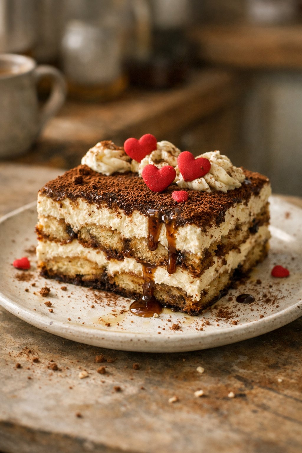 A slice of tiramisu with red heart-shaped decorations on a worn wooden surface in a home kitchen, softly lit by natural window light from the side.